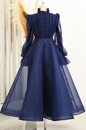 Applique Embroidered Custom Design Midi Flared Patrice Tulle Evening Dress - Navy Blue - 2