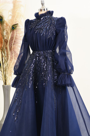 Applique Embroidered Custom Design Midi Flared Patrice Tulle Evening Dress - Navy Blue - 3