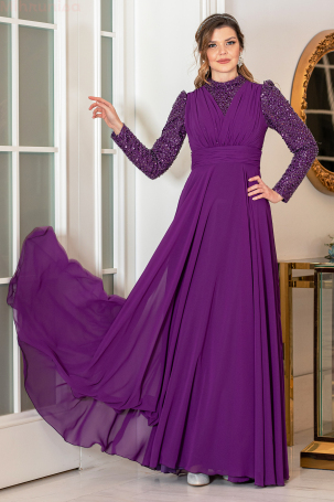 Arya chiffon plus size evening gown with detailed sequins - Purple - 1