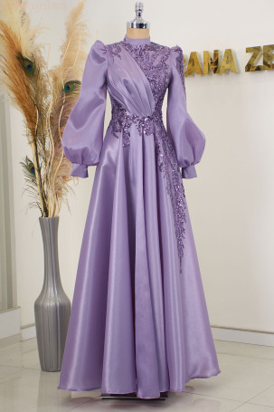 Balloon Sleeve Embroidered Valeria Organza Evening Dress - Lilac 