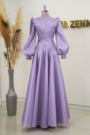 Balloon Sleeve Embroidered Valeria Organza Evening Dress - Lilac - 2