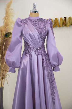 Balloon Sleeve Embroidered Valeria Organza Evening Dress - Lilac - 3