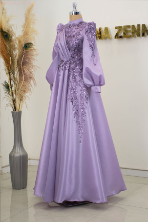 Balloon Sleeve Embroidered Valeria Organza Evening Dress - Lilac - 4