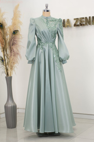 Balloon Sleeve Embroidered Valeria Organza Evening Gown - Mint - 1