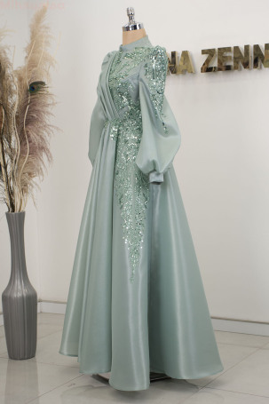 Balloon Sleeve Embroidered Valeria Organza Evening Gown - Mint - 4