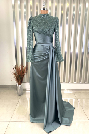 Bead and Embroidered Satin Fabric Tailcoat Lavin Evening Gown - Mint - Rana Zenn