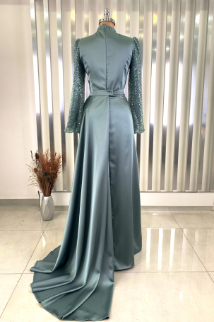 Bead and Embroidered Satin Fabric Tailcoat Lavin Evening Gown - Mint - 2