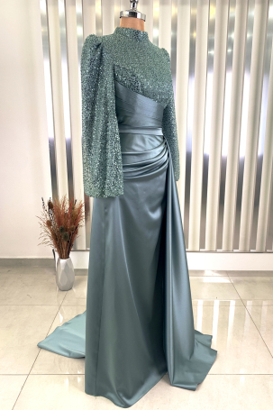 Bead and Embroidered Satin Fabric Tailcoat Lavin Evening Gown - Mint - 4