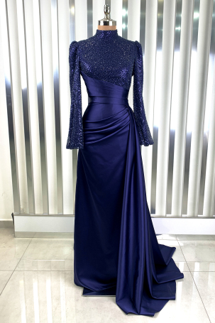 Bead and Sequin Embellished Satin Fabric Tailcoat Lavin Evening Dress - Navy Blue - Rana Zenn