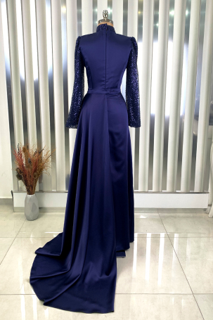 Bead and Sequin Embellished Satin Fabric Tailcoat Lavin Evening Dress - Navy Blue - 2