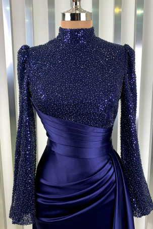 Bead and Sequin Embellished Satin Fabric Tailcoat Lavin Evening Dress - Navy Blue - 3