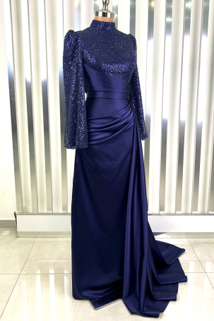 Bead and Sequin Embellished Satin Fabric Tailcoat Lavin Evening Dress - Navy Blue - 4