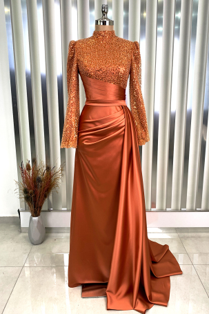 Bead and Sequin Embroidered Satin Fabric Mermaid Tail Evening Dress - Orange - Rana Zenn