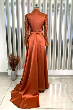 Bead and Sequin Embroidered Satin Fabric Mermaid Tail Evening Dress - Orange - 2