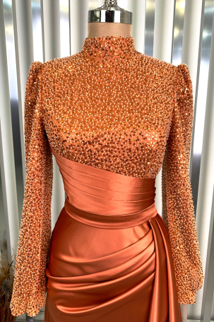 Bead and Sequin Embroidered Satin Fabric Mermaid Tail Evening Dress - Orange - 3