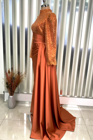 Bead and Sequin Embroidered Satin Fabric Mermaid Tail Evening Dress - Orange - 4