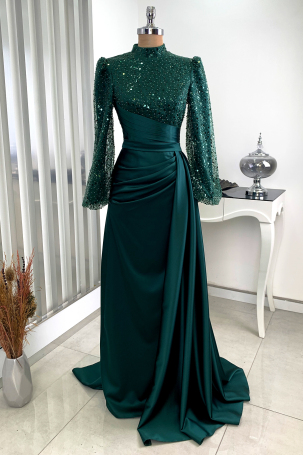 Bead and sequin embroidered satin fabric tailcoat Lavin evening dress - Emerald - Rana Zenn