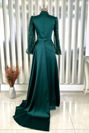 Bead and sequin embroidered satin fabric tailcoat Lavin evening dress - Emerald - 2