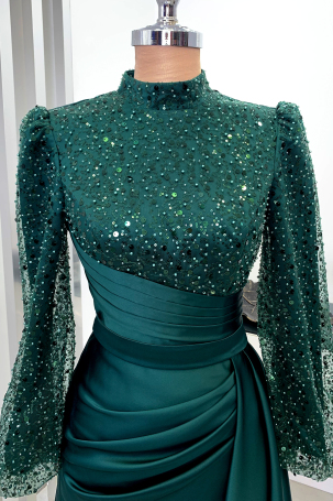 Bead and sequin embroidered satin fabric tailcoat Lavin evening dress - Emerald - 3