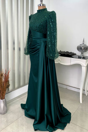 Bead and sequin embroidered satin fabric tailcoat Lavin evening dress - Emerald - 4