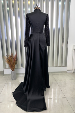 Bead and Sequin Embroidered Satin Fabric Tailcoat Lavin Evening Gown - Black - 2