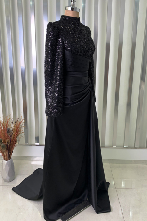 Bead and Sequin Embroidered Satin Fabric Tailcoat Lavin Evening Gown - Black - 4