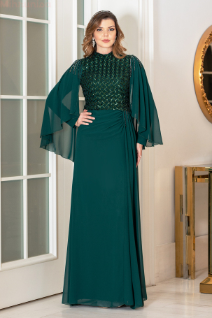 Bead Detail Chiffon Plus Size Waist Belt Evening Gown - Emerald - 1