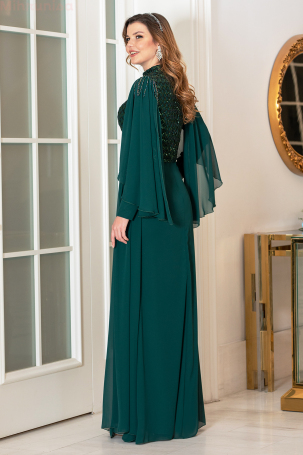 Bead Detail Chiffon Plus Size Waist Belt Evening Gown - Emerald - 2