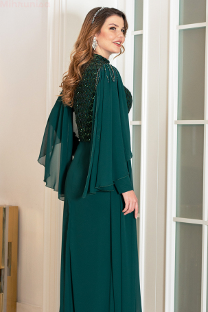 Bead Detail Chiffon Plus Size Waist Belt Evening Gown - Emerald - 4