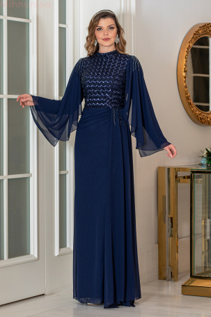 Beaded Chiffon Plus Size Waist Belt Evening Dress - Navy Blue 