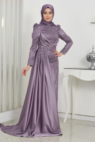 Beaded Lace Embroidered Cape Satin Marseille Evening Dress - Lilac - Rana Zenn