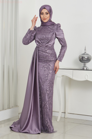 Beaded Lace Embroidered Cape Satin Marseille Evening Dress - Lilac - 4