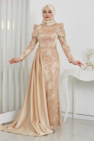 Beaded Lace Embroidered Cape Satin Mermaid Marseille Evening Gown - Gold 