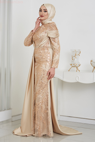 Beaded Lace Embroidered Cape Satin Mermaid Marseille Evening Gown - Gold - 4