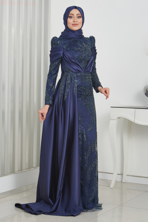 Beaded lace embroidered cape tail satin Marseille evening gown - Navy - Rana Zenn