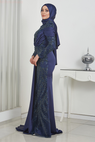 Beaded lace embroidered cape tail satin Marseille evening gown - Navy - 2