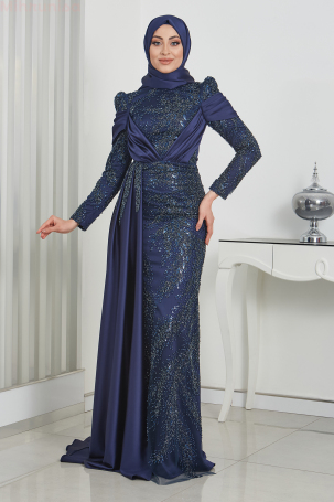 Beaded lace embroidered cape tail satin Marseille evening gown - Navy - 4