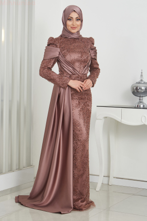 Beaded Lace-Trimmed Satin Marseille Evening Gown with Tail - Coffee - Rana Zenn