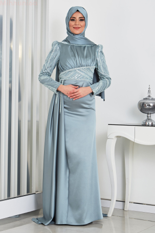 Buy And Arm Stoned Tail Satin Embroidered Evening Dress - Mint 