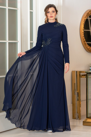 Buy and Shoulder Detailed Chiffon Plus Size Mayda Evening Dress - Navy Blue 