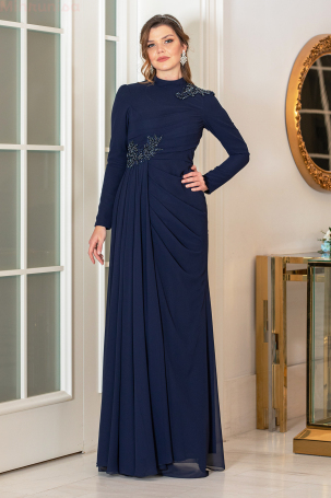 Buy and Shoulder Detailed Chiffon Plus Size Mayda Evening Dress - Navy Blue - 4