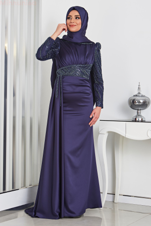 Buy Satin Embroidered Tail Satin Evening Gown - Navy Blue - 1