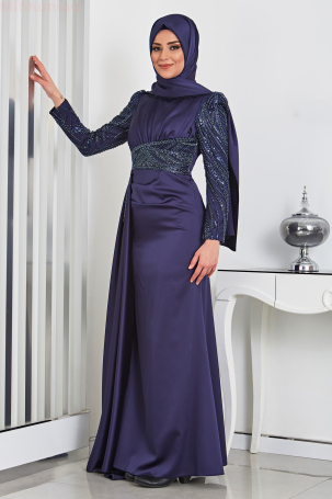 Buy Satin Embroidered Tail Satin Evening Gown - Navy Blue - 2