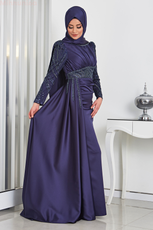 Buy Satin Embroidered Tail Satin Evening Gown - Navy Blue - 4