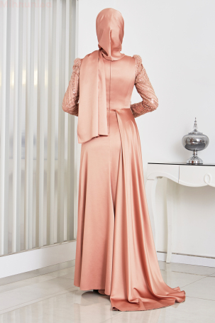 Buy Satin Trim Abaya with Stone and Sleeve - Rose - 2