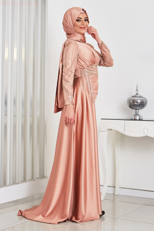 Buy Satin Trim Abaya with Stone and Sleeve - Rose - 4