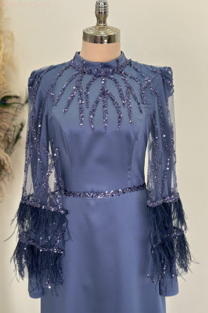 Cape Sleeve Feather Sequin Detail Mademoiselle Evening Dress - Indigo - 3