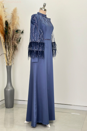 Cape Sleeve Feather Sequin Detail Mademoiselle Evening Dress - Indigo - 4