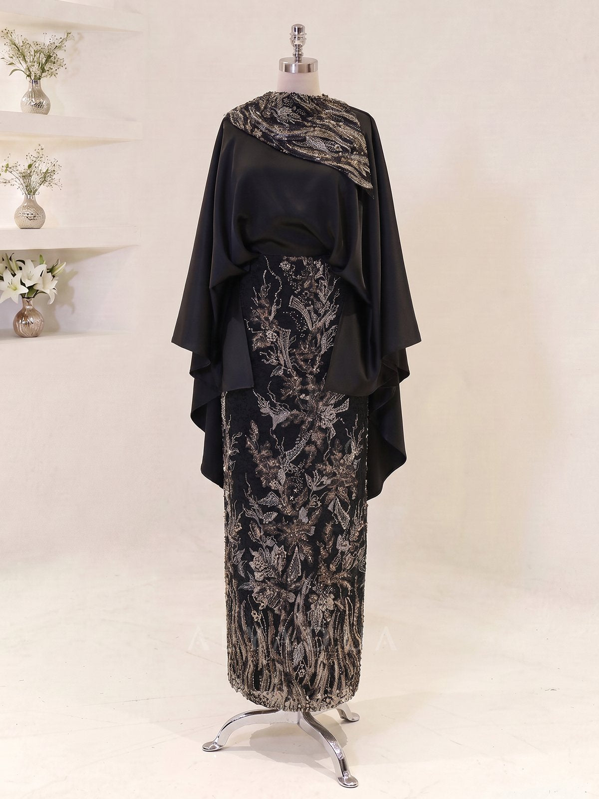 Embroidered Midi Length Melora Evening Dress