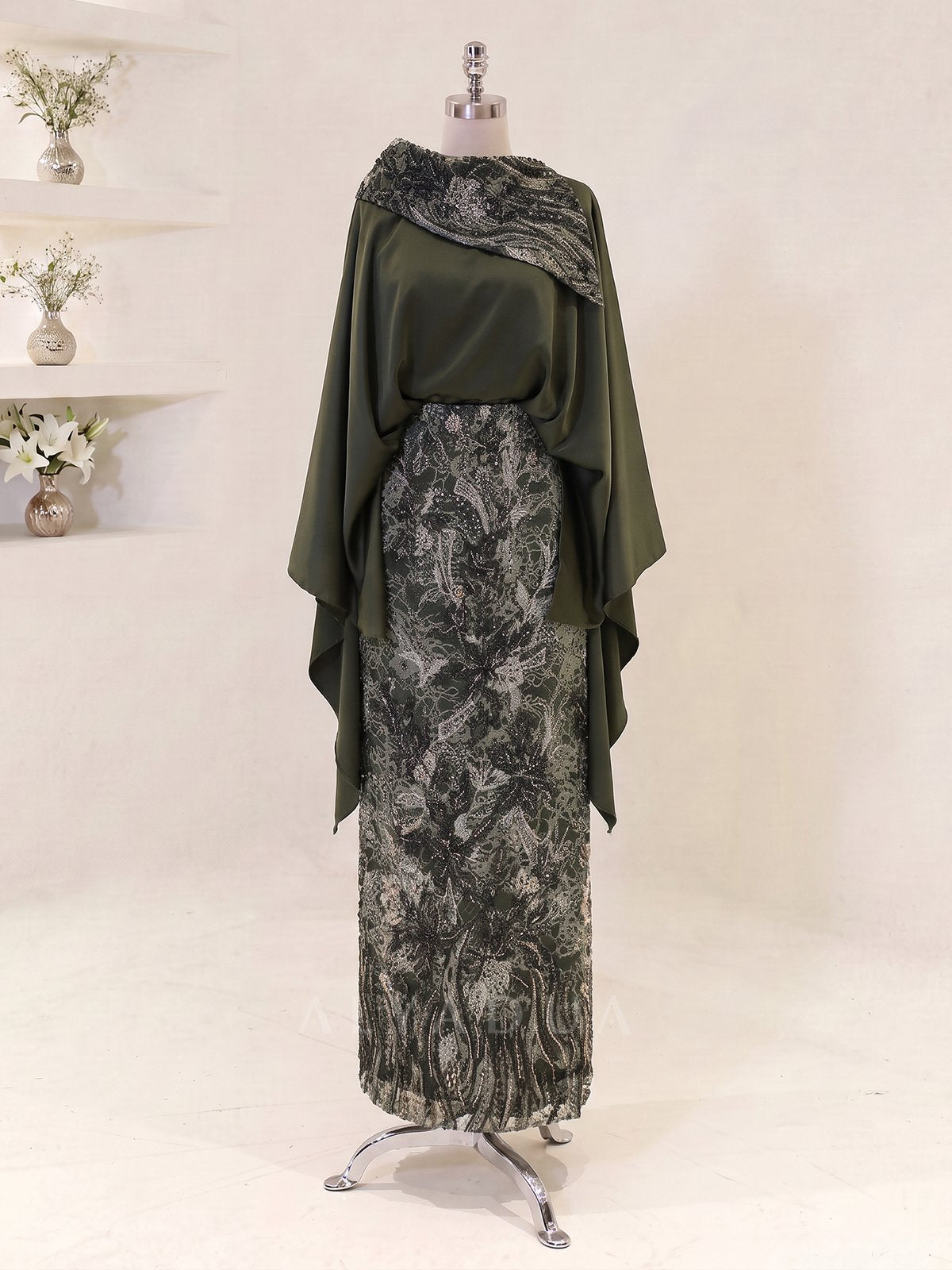 Embroidered Midi Length Melora Evening Dress